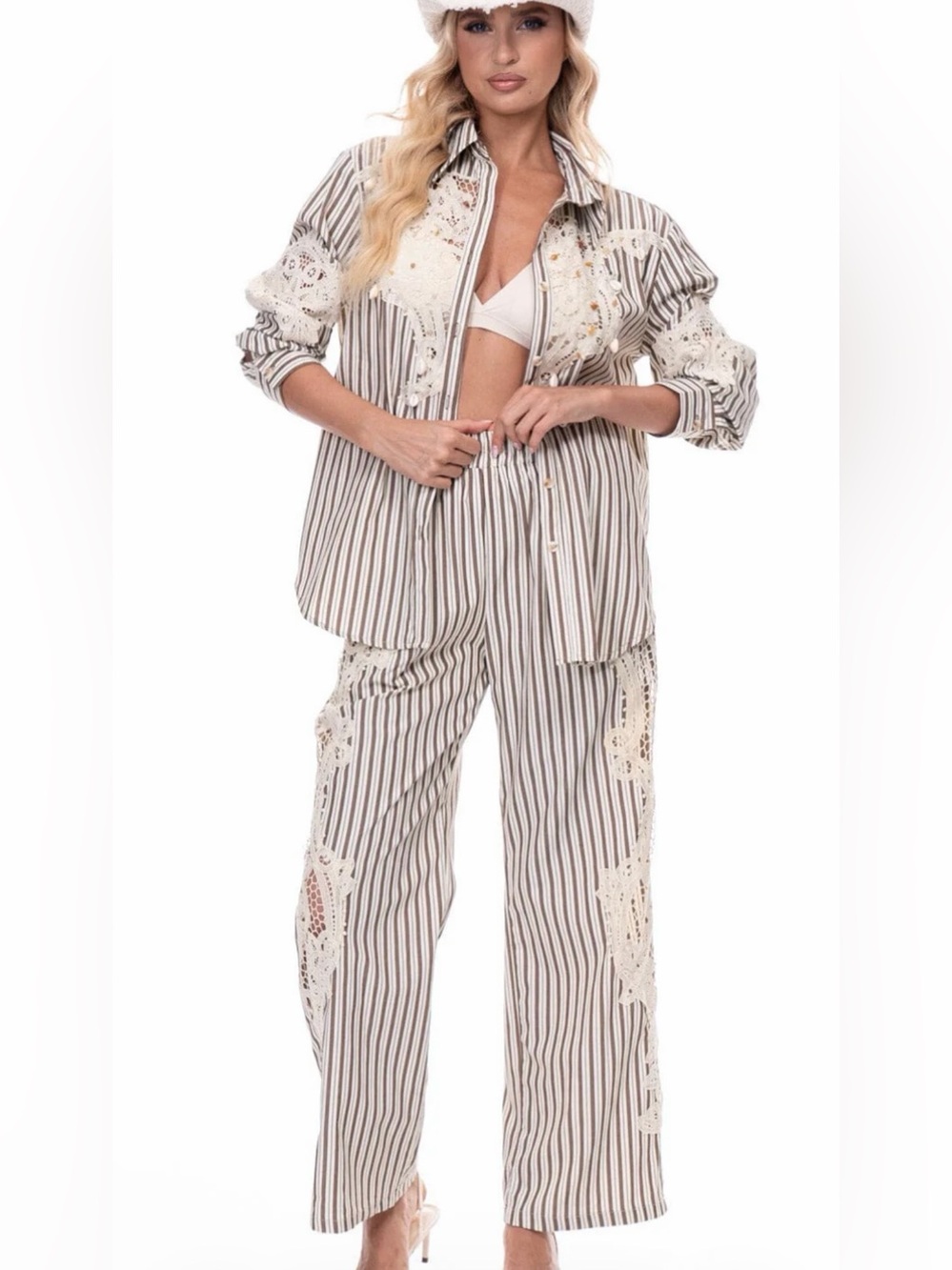 A584. Striped Lace-Trim Crochet Two-Piece Set in Cream and Brown